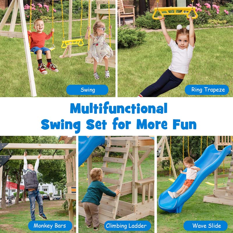 All Solid Fir Outdoor Playground Center for Kids, Backyard Wooden Swing Set with Wave Slide, Monkey Bars, Climbing Wall, Sandbox, Picnic Table