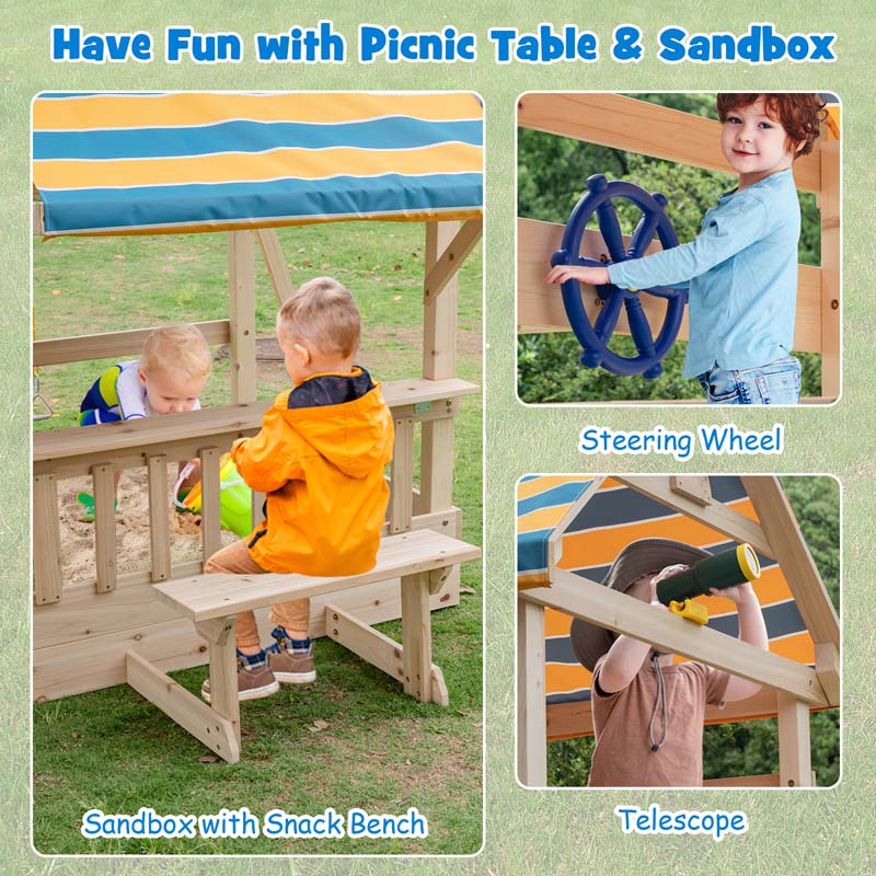 All Solid Fir Outdoor Playground Center for Kids, Backyard Wooden Swing Set with Wave Slide, Monkey Bars, Climbing Wall, Sandbox, Picnic Table