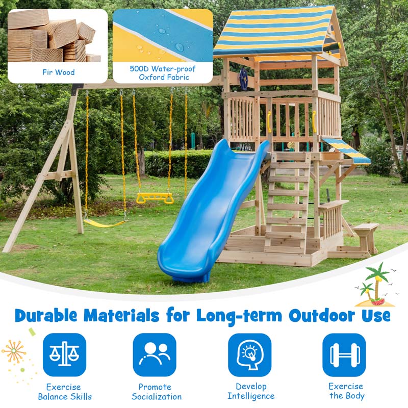 All Solid Fir Outdoor Playground Center for Kids, Backyard Wooden Swing Set with Wave Slide, Monkey Bars, Climbing Wall, Sandbox, Picnic Table