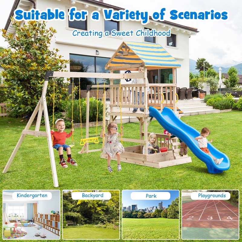 All Solid Fir Outdoor Playground Center for Kids, Backyard Wooden Swing Set with Wave Slide, Monkey Bars, Climbing Wall, Sandbox, Picnic Table