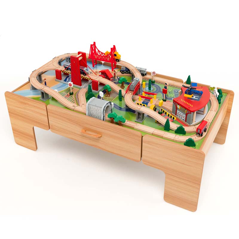 2-in-1 Wooden Toddler Train Table Kids Activity Table Set with Storage, 100 Multicolor Pieces, Tracks, Trains, Cars, Reversible Tabletop