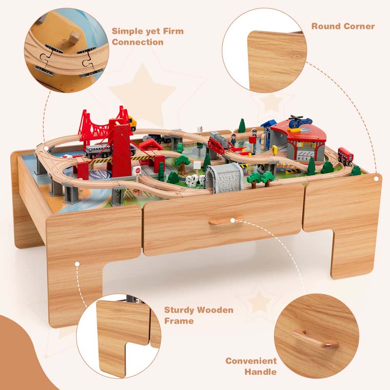 2-in-1 Wooden Toddler Train Table Kids Activity Table Set with Storage, 100 Multicolor Pieces, Tracks, Trains, Cars, Reversible Tabletop