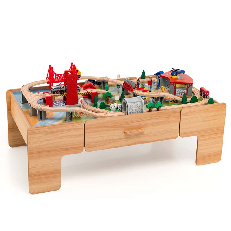 2-in-1 Wooden Toddler Train Table Kids Activity Table Set with Storage, 100 Multicolor Pieces, Tracks, Trains, Cars, Reversible Tabletop