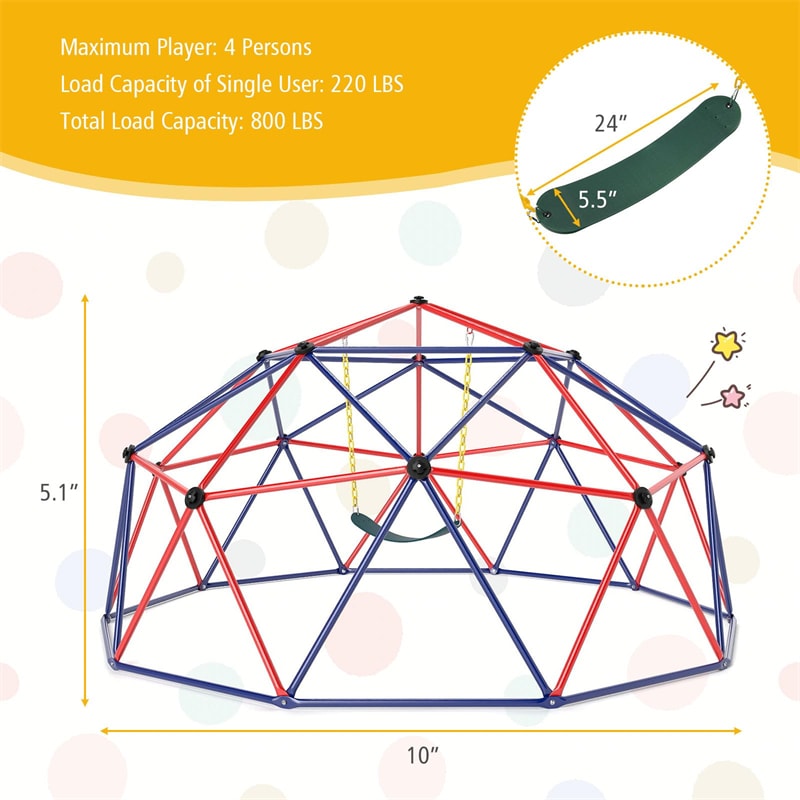 10 FT Geometric Dome Climber with Swing, Upgrade Jungle Gym Monkey Bar for Backyard, Outdoor Climbing Toys for Toddlers