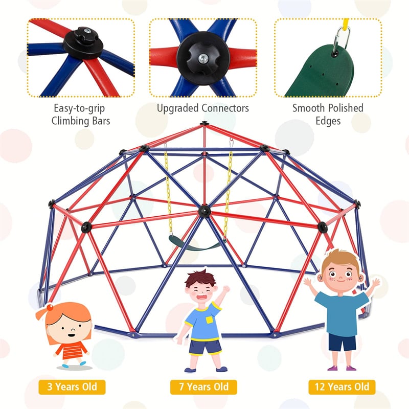 10 FT Geometric Dome Climber with Swing, Upgrade Jungle Gym Monkey Bar for Backyard, Outdoor Climbing Toys for Toddlers