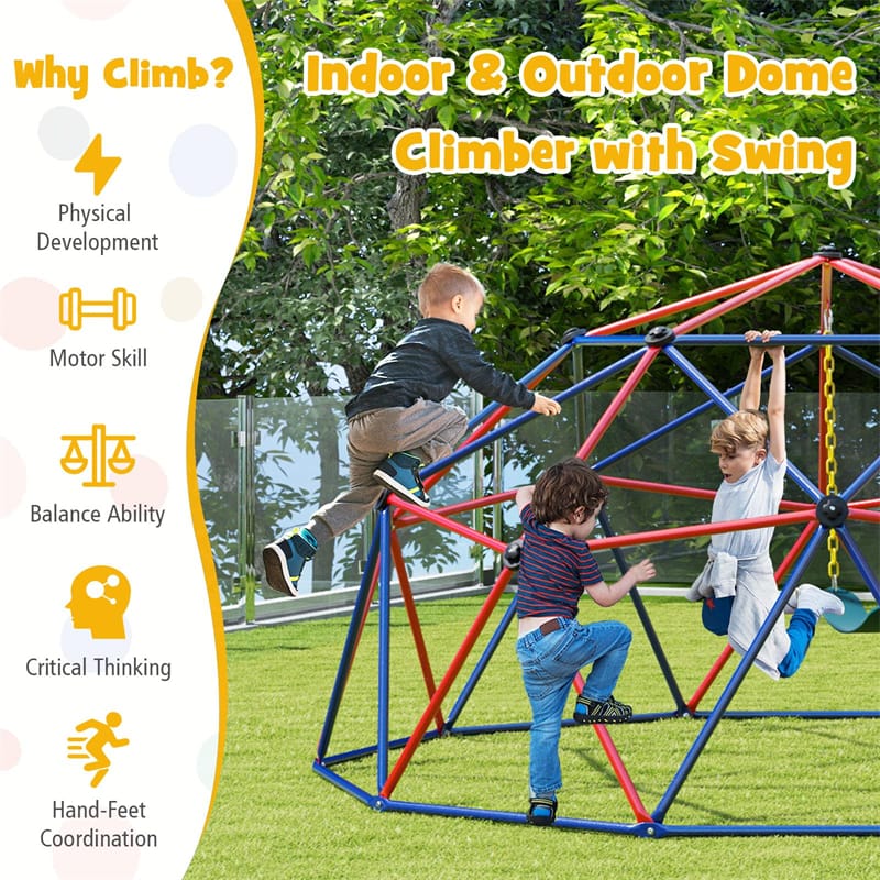 10 FT Geometric Dome Climber with Swing, Upgrade Jungle Gym Monkey Bar for Backyard, Outdoor Climbing Toys for Toddlers