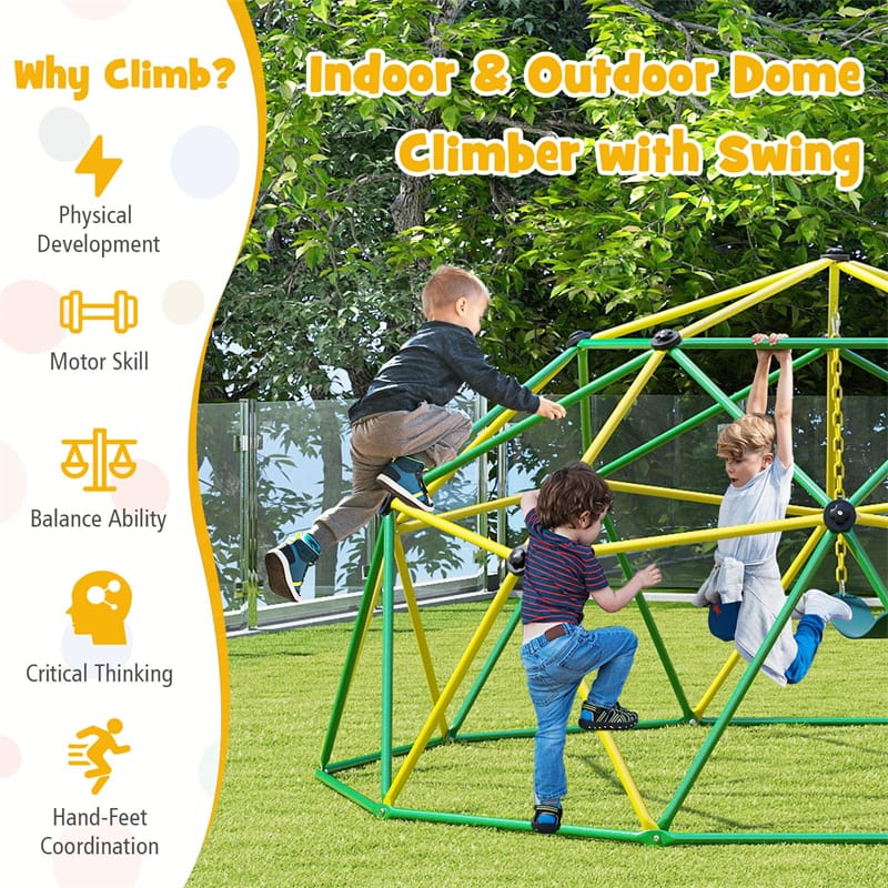 10 FT Geometric Dome Climber with Swing, Upgrade Jungle Gym Monkey Bar for Backyard, Outdoor Climbing Toys for Toddlers
