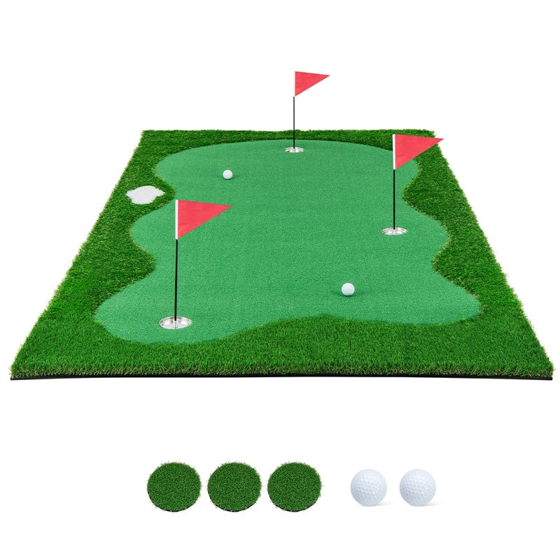 10FT Golf Putting Green, Professional Golf Training Mat with 2 Golf Balls, 3 Holes, Flags & Cups, Realistic Turf for Indoor Outdoor Practice