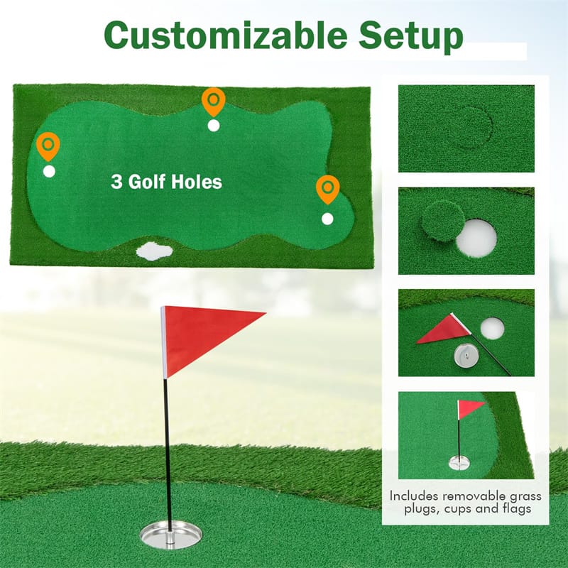 10FT Golf Putting Green, Professional Golf Training Mat with 2 Golf Balls, 3 Holes, Flags & Cups, Realistic Turf for Indoor Outdoor Practice