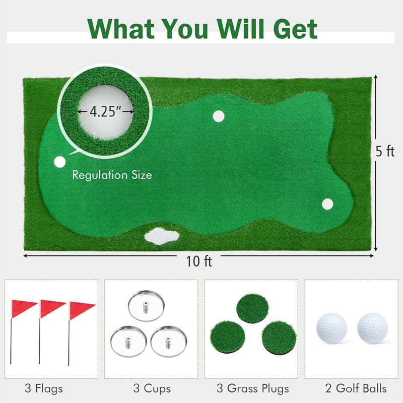 10FT Golf Putting Green, Professional Golf Training Mat with 2 Golf Balls, 3 Holes, Flags & Cups, Realistic Turf for Indoor Outdoor Practice