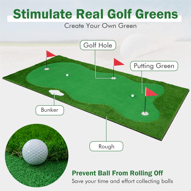 10FT Golf Putting Green, Professional Golf Training Mat with 2 Golf Balls, 3 Holes, Flags & Cups, Realistic Turf for Indoor Outdoor Practice