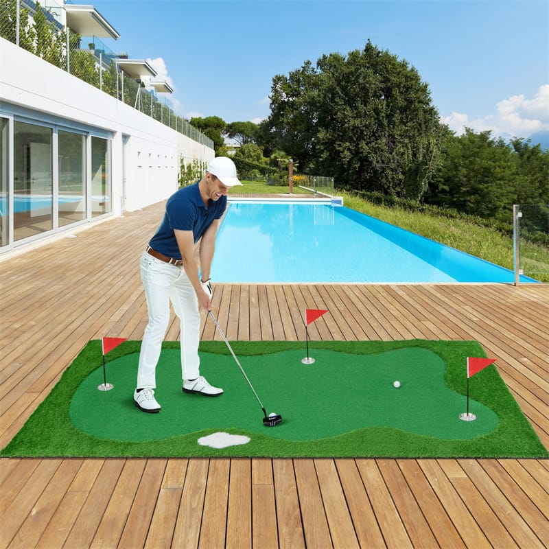 10FT Golf Putting Green, Professional Golf Training Mat with 2 Golf Balls, 3 Holes, Flags & Cups, Realistic Turf for Indoor Outdoor Practice