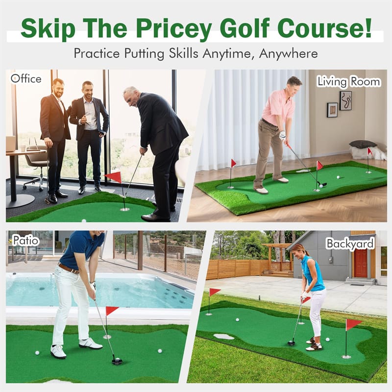 10FT Golf Putting Green, Professional Golf Training Mat with 2 Golf Balls, 3 Holes, Flags & Cups, Realistic Turf for Indoor Outdoor Practice