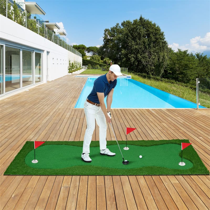 10FT Golf Putting Green, Professional Golf Training Mat with 2 Golf Balls, 3 Holes, Flags & Cups, Realistic Turf for Indoor Outdoor Practice