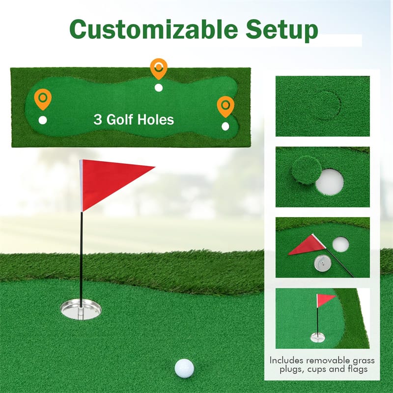 10FT Golf Putting Green, Professional Golf Training Mat with 2 Golf Balls, 3 Holes, Flags & Cups, Realistic Turf for Indoor Outdoor Practice