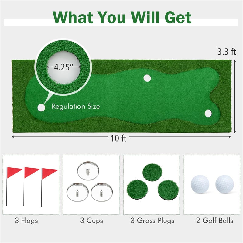 10FT Golf Putting Green, Professional Golf Training Mat with 2 Golf Balls, 3 Holes, Flags & Cups, Realistic Turf for Indoor Outdoor Practice