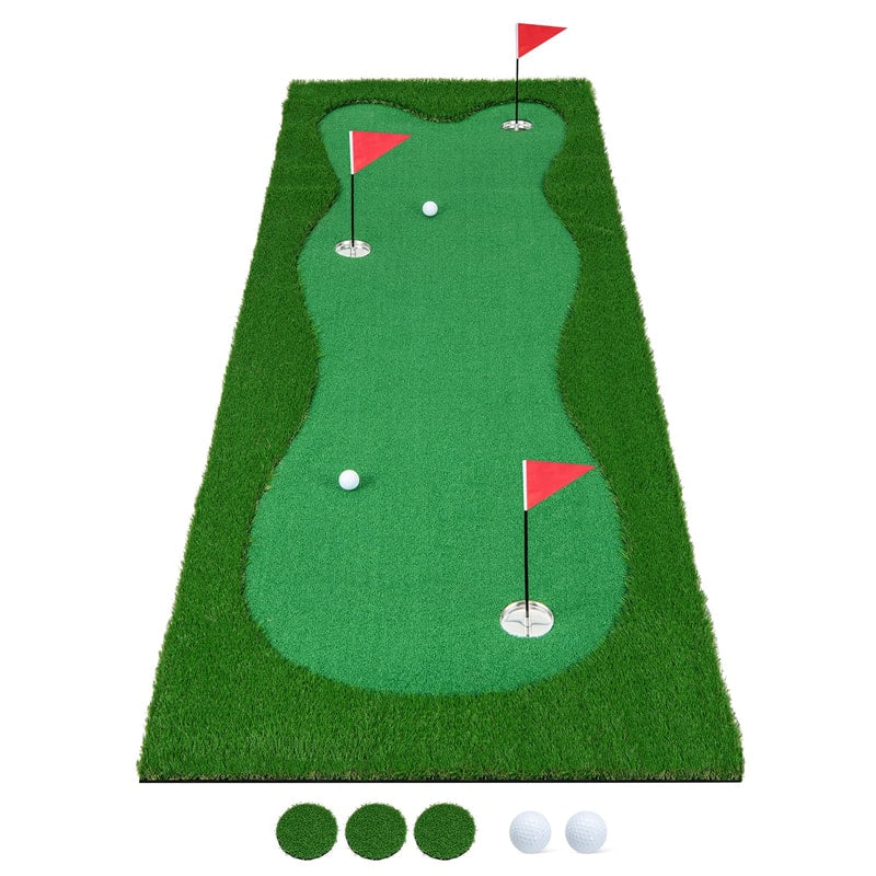 10FT Golf Putting Green, Professional Golf Training Mat with 2 Golf Balls, 3 Holes, Flags & Cups, Realistic Turf for Indoor Outdoor Practice