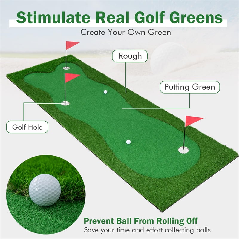 10FT Golf Putting Green, Professional Golf Training Mat with 2 Golf Balls, 3 Holes, Flags & Cups, Realistic Turf for Indoor Outdoor Practice