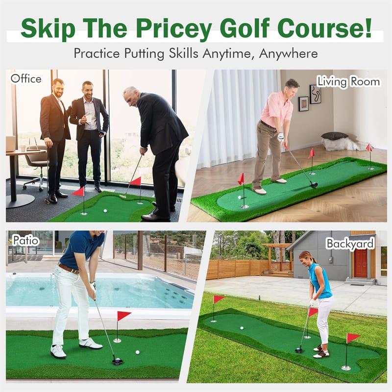 10FT Golf Putting Green, Professional Golf Training Mat with 2 Golf Balls, 3 Holes, Flags & Cups, Realistic Turf for Indoor Outdoor Practice