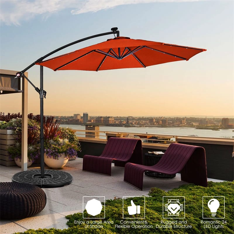 10FT Offset Patio Umbrella with 40 Solar LED Lights & Cross Base, Large Outdoor Cantilever Umbrella for Sun Rain