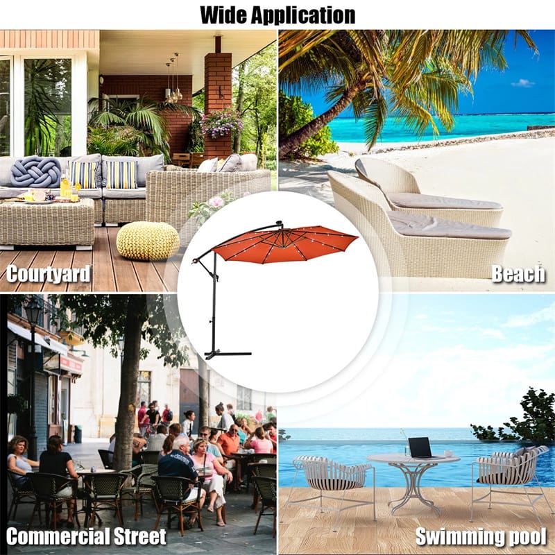 10FT Offset Patio Umbrella with 40 Solar LED Lights & Cross Base, Large Outdoor Cantilever Umbrella for Sun Rain