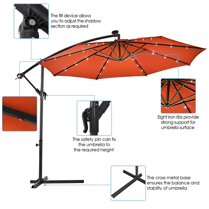10FT Offset Patio Umbrella with 40 Solar LED Lights & Cross Base, Large Outdoor Cantilever Umbrella for Sun Rain