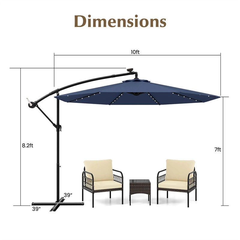 10FT Offset Patio Umbrella with 40 Solar LED Lights & Cross Base, Large Outdoor Cantilever Umbrella for Sun Rain