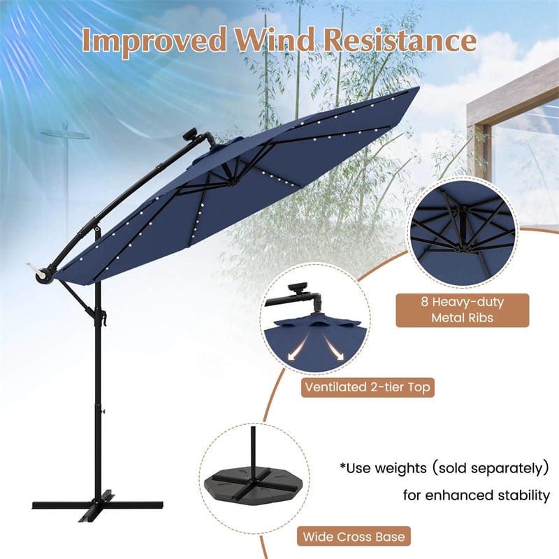 10FT Offset Patio Umbrella with 40 Solar LED Lights & Cross Base, Large Outdoor Cantilever Umbrella for Sun Rain