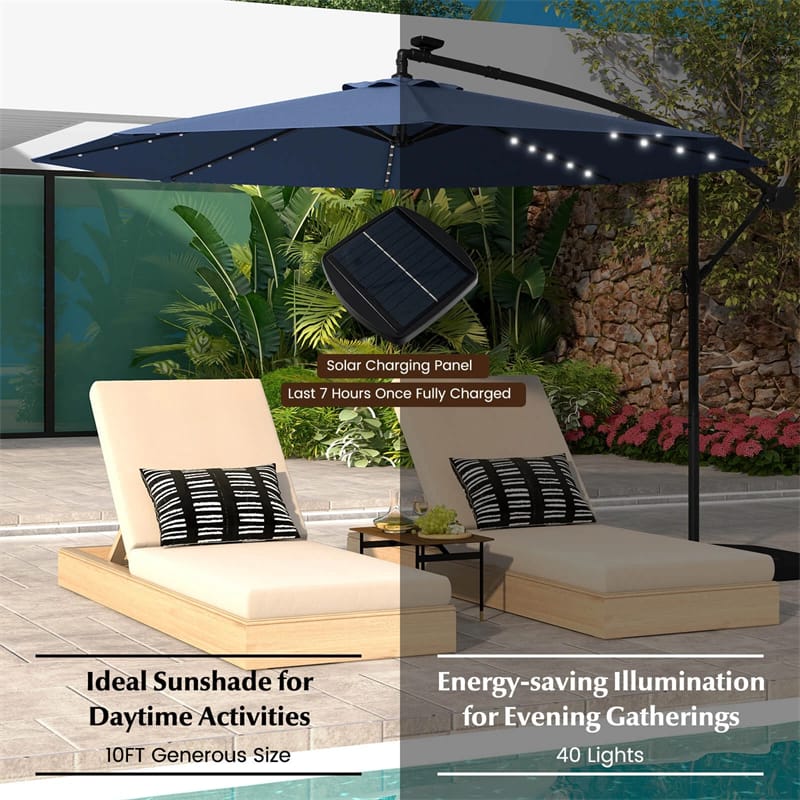 10FT Offset Patio Umbrella with 40 Solar LED Lights & Cross Base, Large Outdoor Cantilever Umbrella for Sun Rain