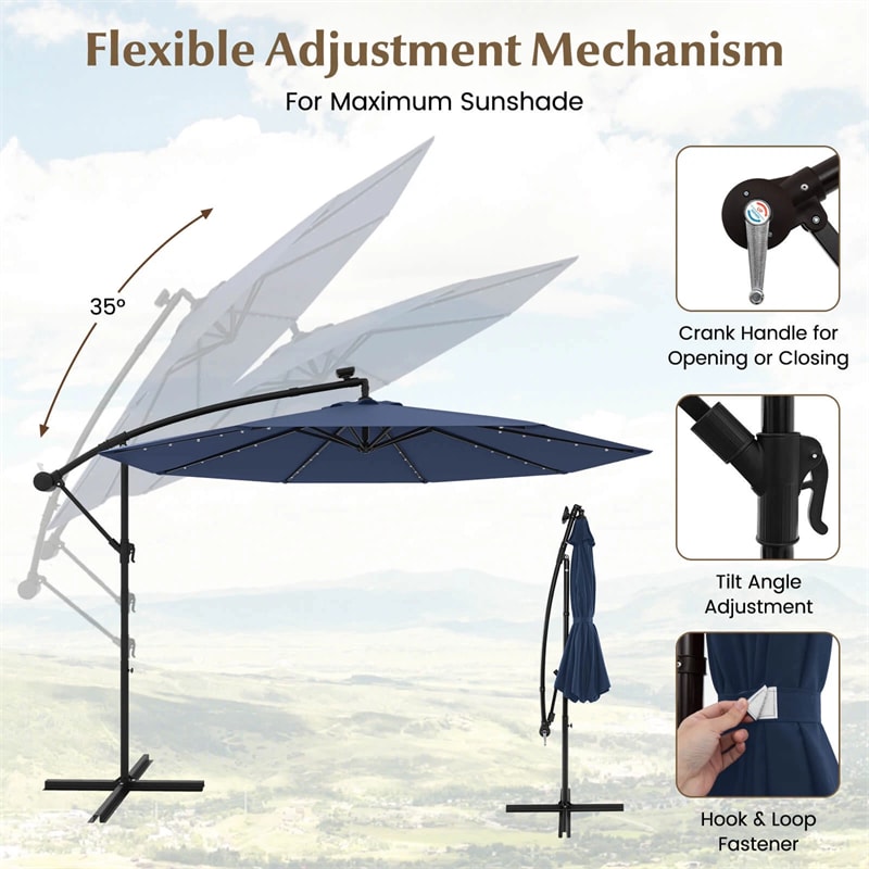 10FT Offset Patio Umbrella with 40 Solar LED Lights & Cross Base, Large Outdoor Cantilever Umbrella for Sun Rain