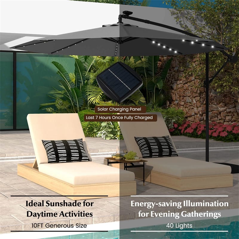 10FT Offset Patio Umbrella with 40 Solar LED Lights & Cross Base, Large Outdoor Cantilever Umbrella for Sun Rain