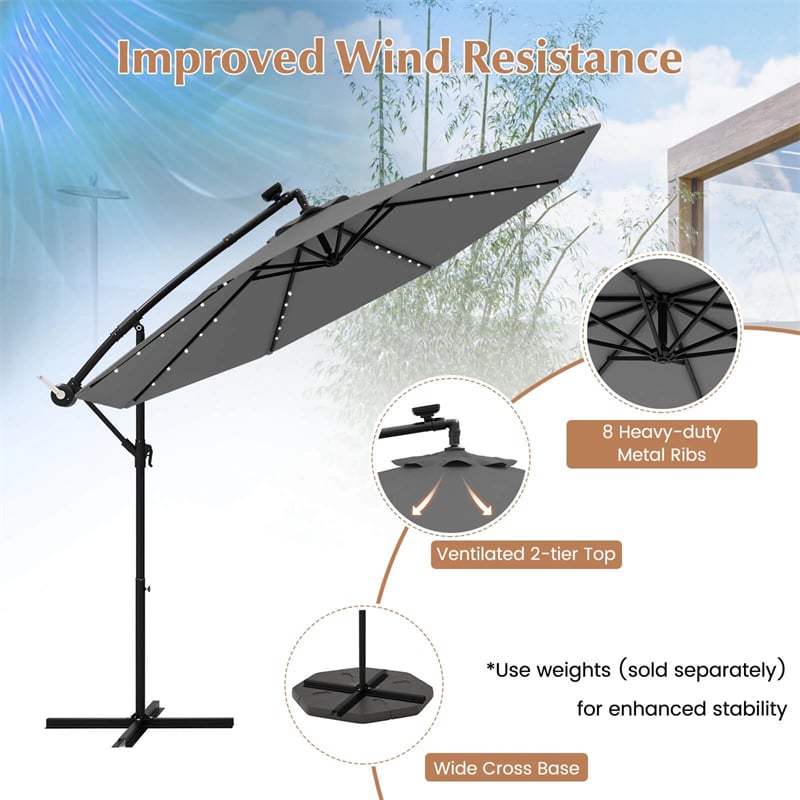 10FT Offset Patio Umbrella with 40 Solar LED Lights & Cross Base, Large Outdoor Cantilever Umbrella for Sun Rain