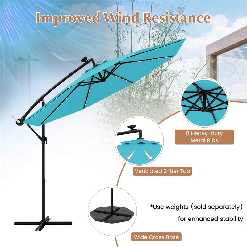 10FT Offset Patio Umbrella with 40 Solar LED Lights & Cross Base, Large Outdoor Cantilever Umbrella for Sun Rain