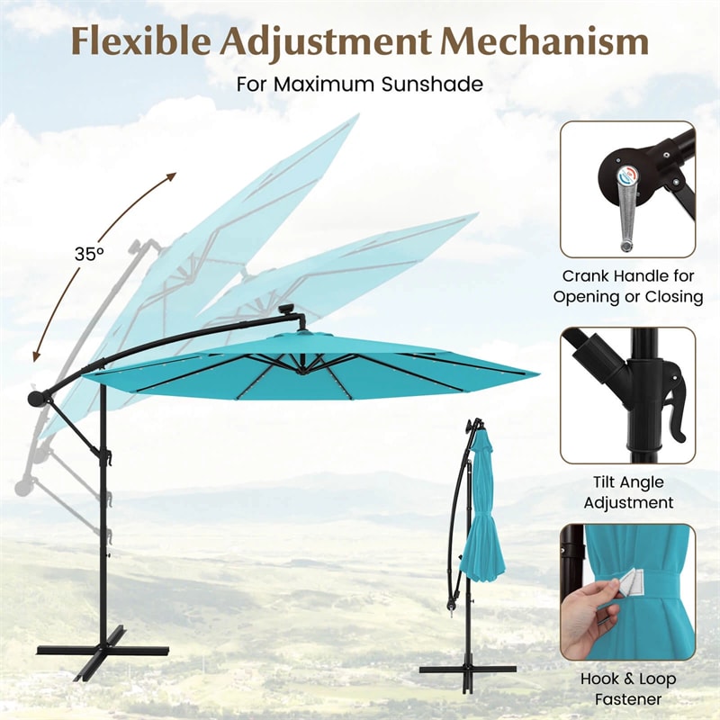 10FT Offset Patio Umbrella with 40 Solar LED Lights & Cross Base, Large Outdoor Cantilever Umbrella for Sun Rain