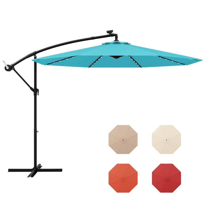 10FT Offset Patio Umbrella with 40 Solar LED Lights & Cross Base, Large Outdoor Cantilever Umbrella for Sun Rain