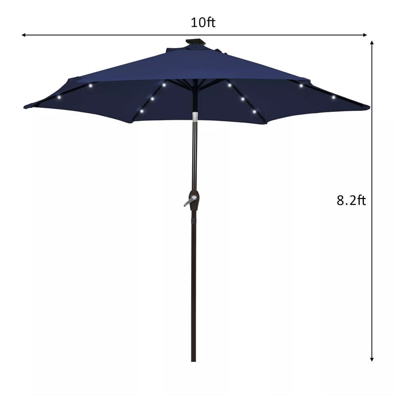 10FT Patio Umbrella with Solar LED Lights & Crank, Easy Tilt Outdoor Market Umbrella for Backyard, Poolside, Deck