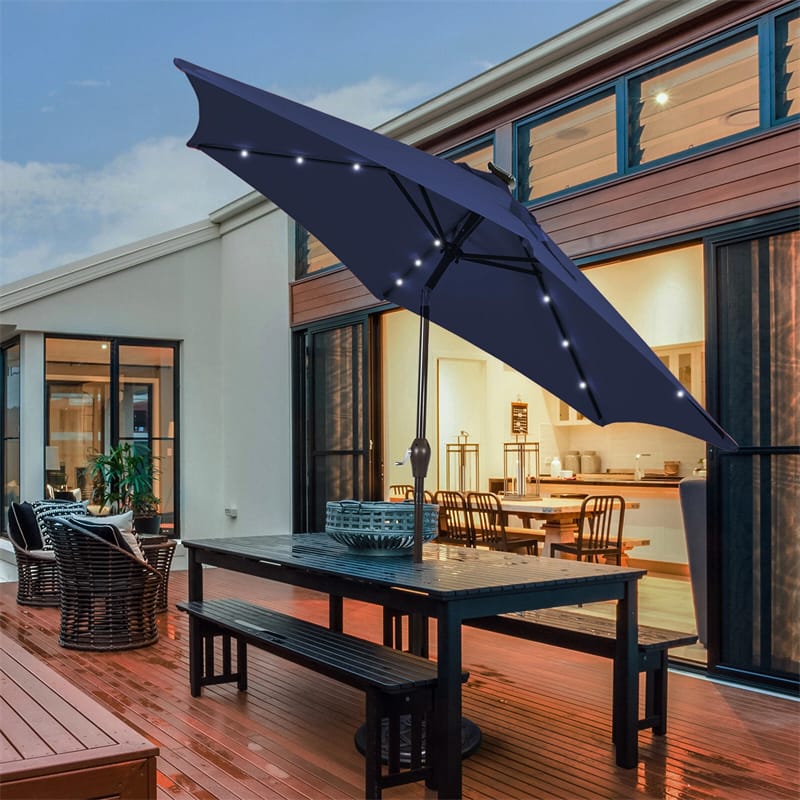 10FT Patio Umbrella with Solar LED Lights & Crank, Easy Tilt Outdoor Market Umbrella for Backyard, Poolside, Deck