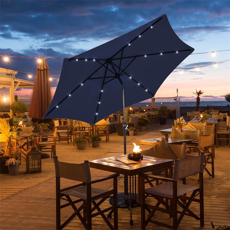 10FT Patio Umbrella with Solar LED Lights & Crank, Easy Tilt Outdoor Market Umbrella for Backyard, Poolside, Deck