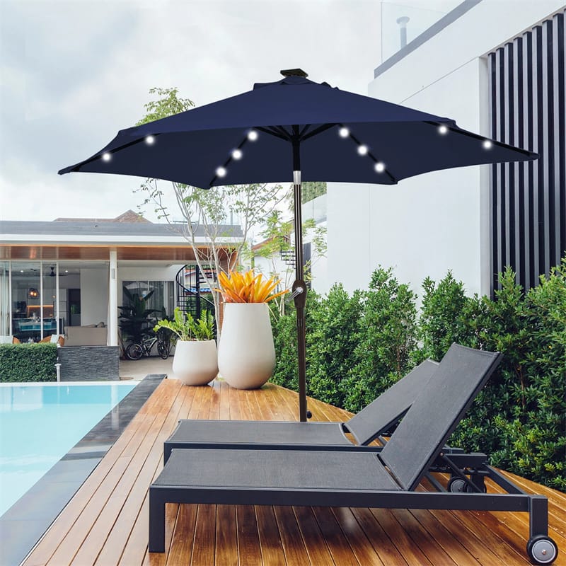 10FT Patio Umbrella with Solar LED Lights & Crank, Easy Tilt Outdoor Market Umbrella for Backyard, Poolside, Deck