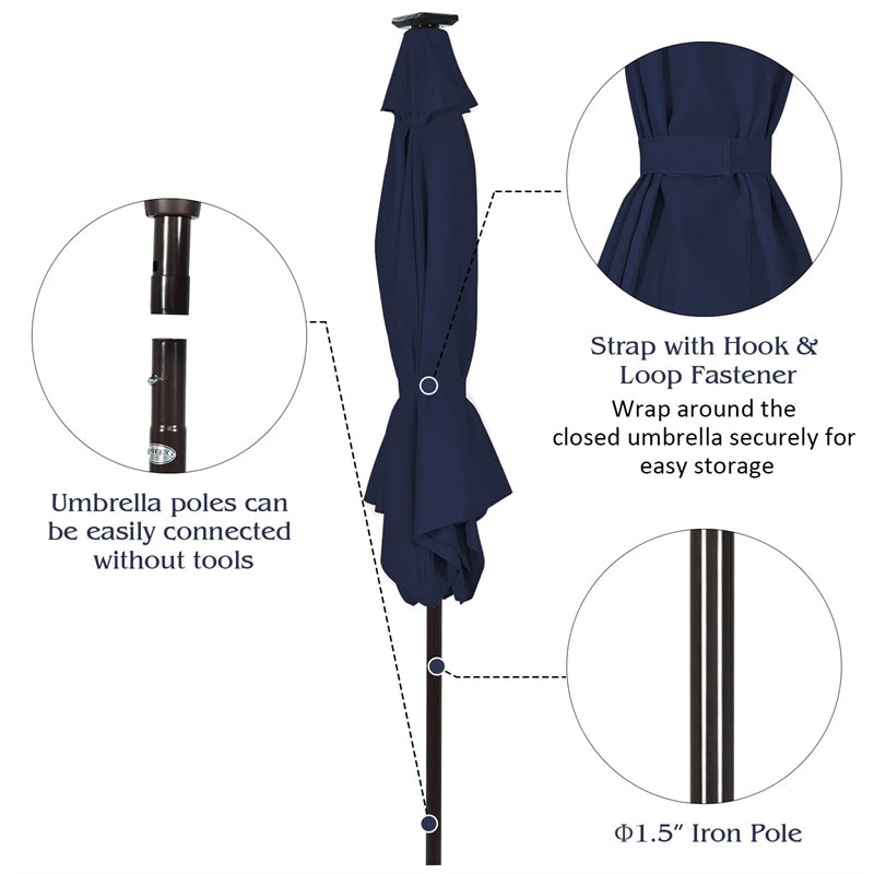 10FT Patio Umbrella with Solar LED Lights & Crank, Easy Tilt Outdoor Market Umbrella for Backyard, Poolside, Deck