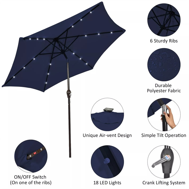 10FT Patio Umbrella with Solar LED Lights & Crank, Easy Tilt Outdoor Market Umbrella for Backyard, Poolside, Deck