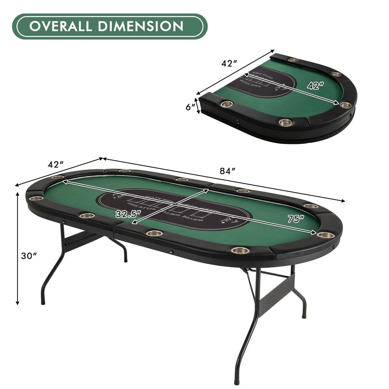 10 Player Folding Poker Table, 84" Casino Leisure Table with Cup Holder, 4 USB Ports & LED Lights for Texas Holdem, Blackjack, Card Games