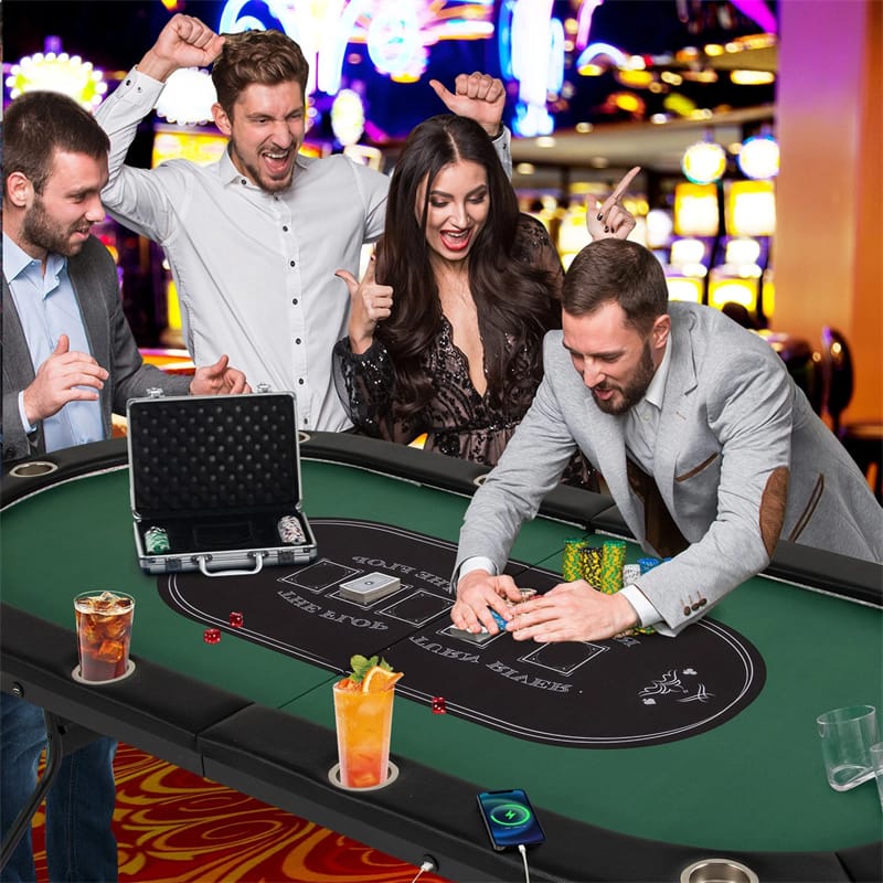 10 Player Folding Poker Table, 84" Casino Leisure Table with Cup Holder, 4 USB Ports & LED Lights for Texas Holdem, Blackjack, Card Games
