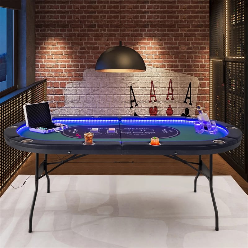 10 Player Folding Poker Table, 84" Casino Leisure Table with Cup Holder, 4 USB Ports & LED Lights for Texas Holdem, Blackjack, Card Games