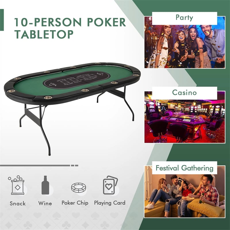 10 Player Folding Poker Table, 84" Casino Leisure Table with Cup Holder, 4 USB Ports & LED Lights for Texas Holdem, Blackjack, Card Games
