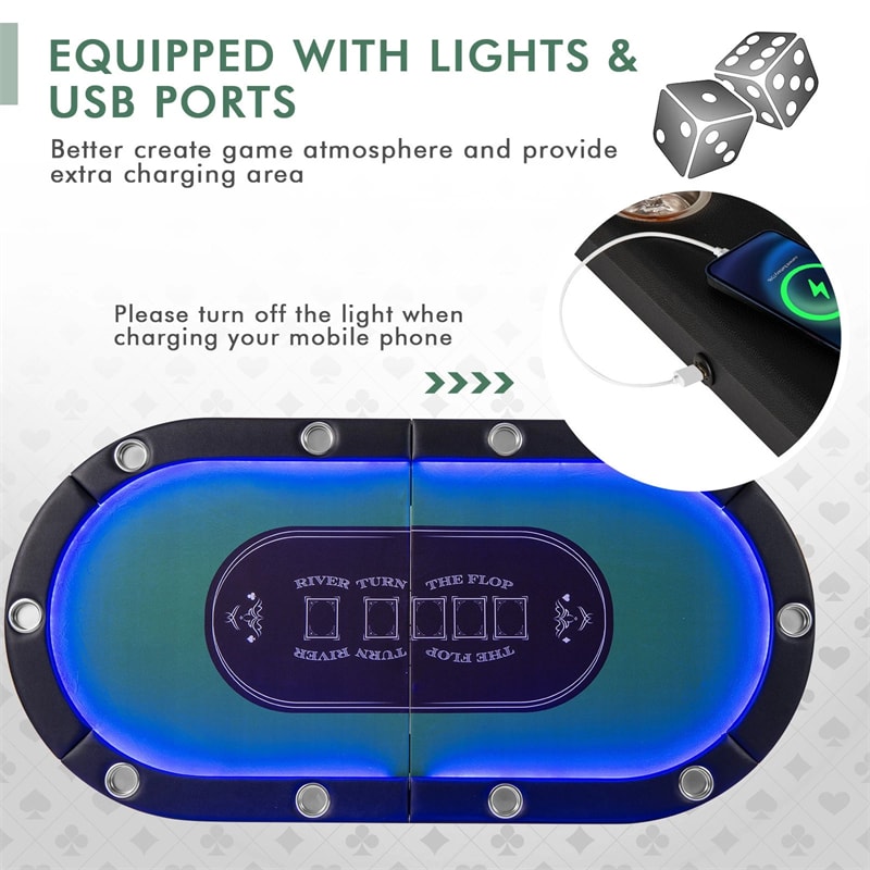 10 Player Folding Poker Table, 84" Casino Leisure Table with Cup Holder, 4 USB Ports & LED Lights for Texas Holdem, Blackjack, Card Games