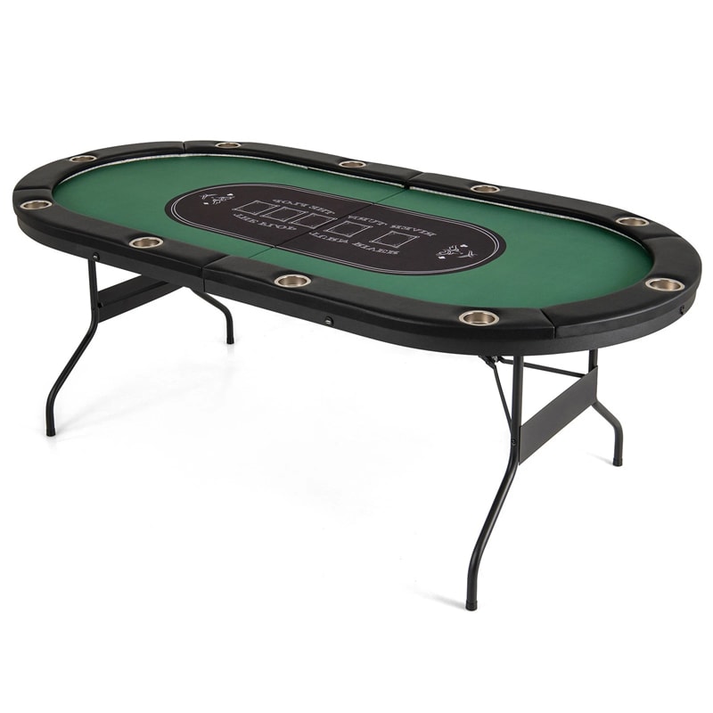 10 Player Folding Poker Table, 84" Casino Leisure Table with Cup Holder, 4 USB Ports & LED Lights for Texas Holdem, Blackjack, Card Games