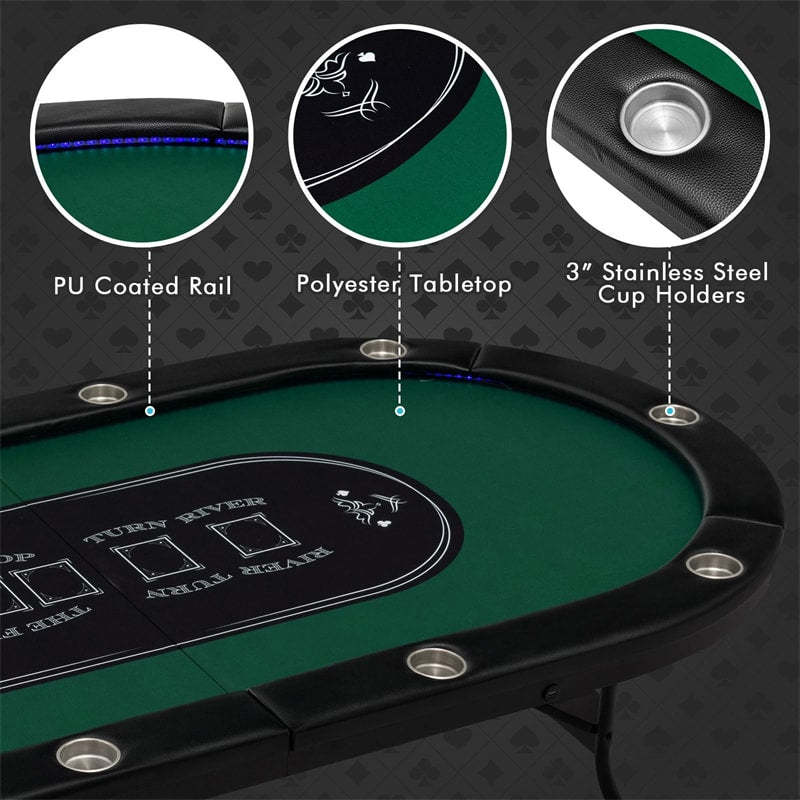 10 Player Folding Poker Table, 84" Casino Leisure Table with Cup Holder, 4 USB Ports & LED Lights for Texas Holdem, Blackjack, Card Games