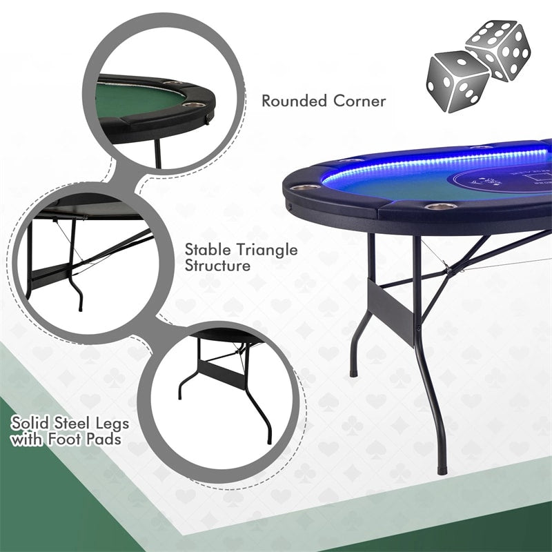10 Player Folding Poker Table, 84" Casino Leisure Table with Cup Holder, 4 USB Ports & LED Lights for Texas Holdem, Blackjack, Card Games