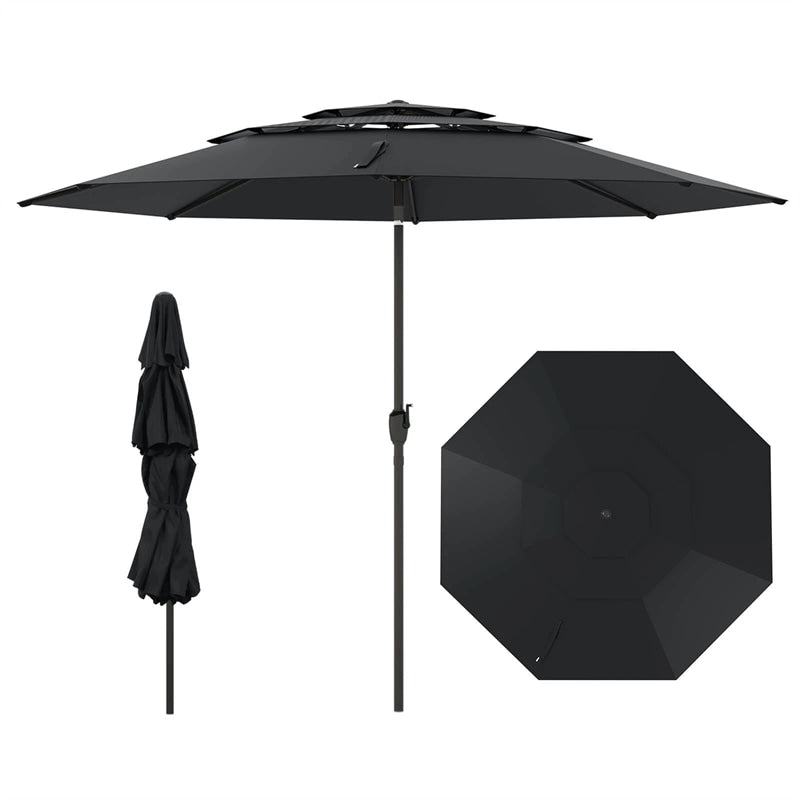 10FT 3 Tier Patio Market Umbrella with Crank & Auto-tilt, Double Vented Outdoor Table Umbrella for Backyard, Poolside, Deck,